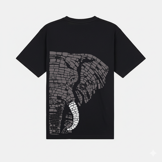 Black Elephant Mosaic Tee With Grayscale Eye And Trunk Detail For Wisdom Resilience And Modern Art