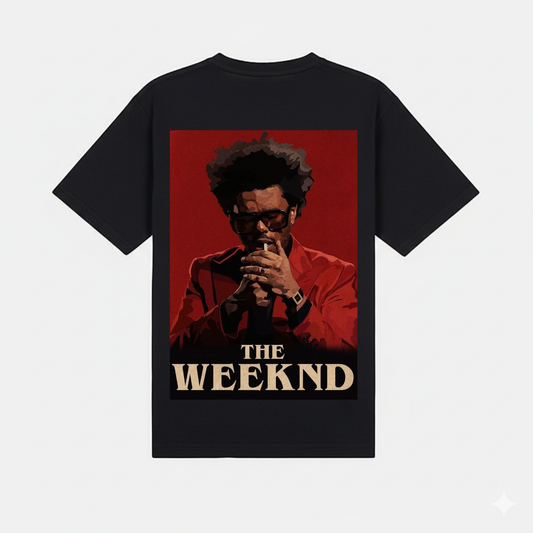 The Weeknd Red Room Reverie Black Tee With Stylized Portrait In Red Suit And Shades