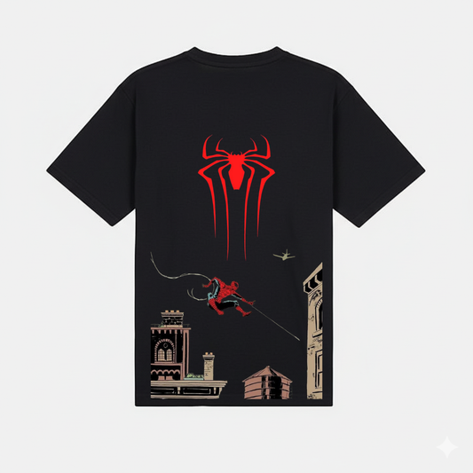 Spider Man Logo Swing Tee Legacy In Motion With Cityscape Hero Tee For Fans Who Live Fast And Dream Big