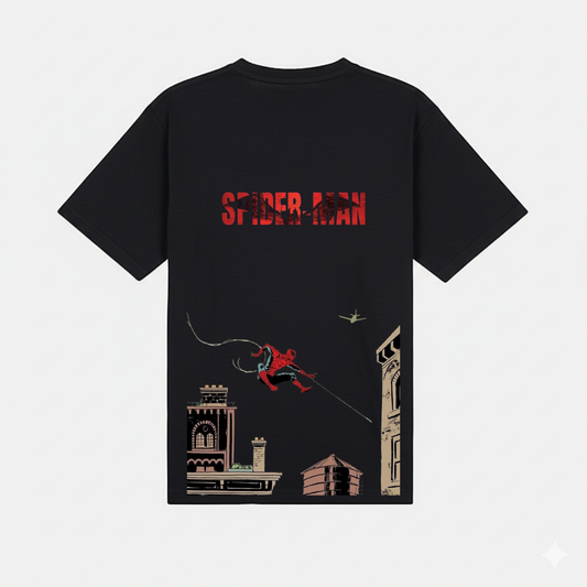 Spiderman Cityscape Tee With Distressed Red Lettering Vintage Comic Vibe And Streetwear Edge